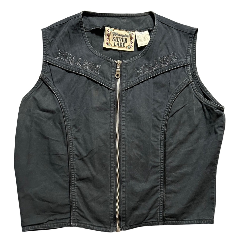 Wrangler Silver Lake Vest Women S Black Vintage Embroidered Zip Up Cotton LN4808